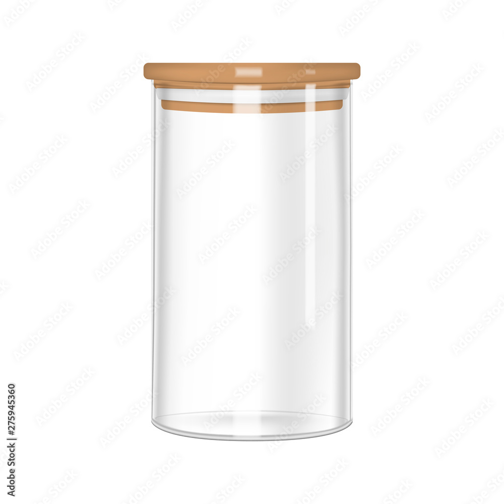 Glass storage jar with airtight seal bamboo lid, vector mock-up. Clear empty food container, realistic illustration Glass storage jar with airtight seal bamboo lid, vector mock-up. Clear empty food container, realistic illustration