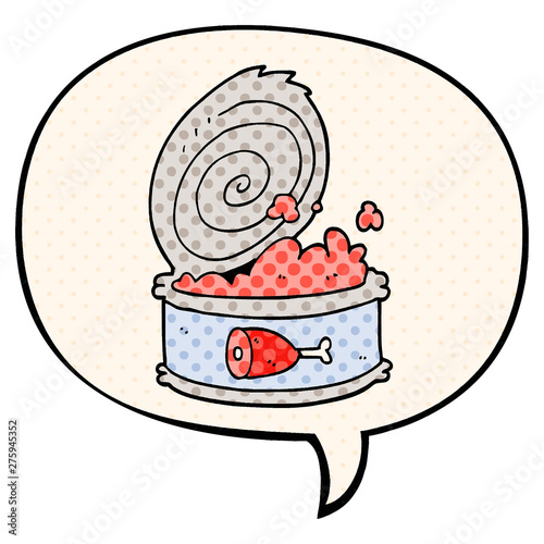 cartoon canned food and speech bubble in comic book style