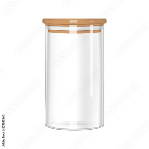 Glass storage jar with airtight seal bamboo lid, vector mock-up. Clear empty food container, realistic illustration