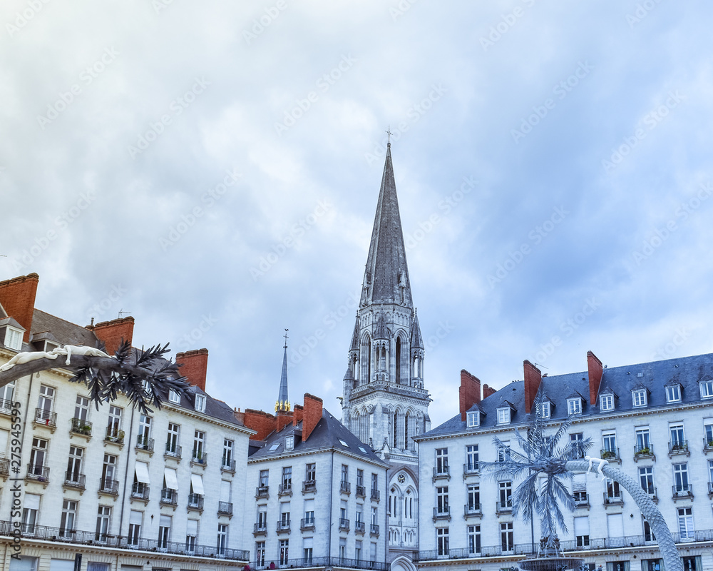Buildings and church of the main square of Nantes, France