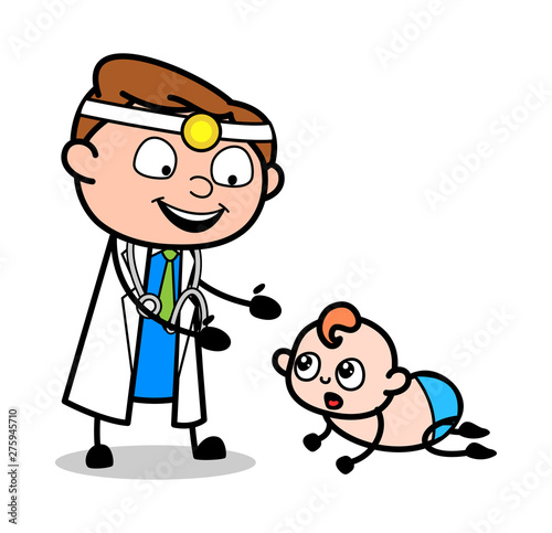 Playing with Crawling Baby - Professional Cartoon Doctor Vector Illustration