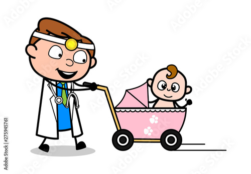 Strolling with Baby - Professional Cartoon Doctor Vector Illustration