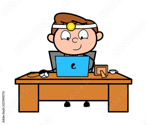 Working on Laptop - Professional Cartoon Doctor Vector Illustration