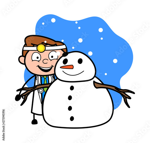 Standing with Snowman - Professional Cartoon Doctor Vector Illustration