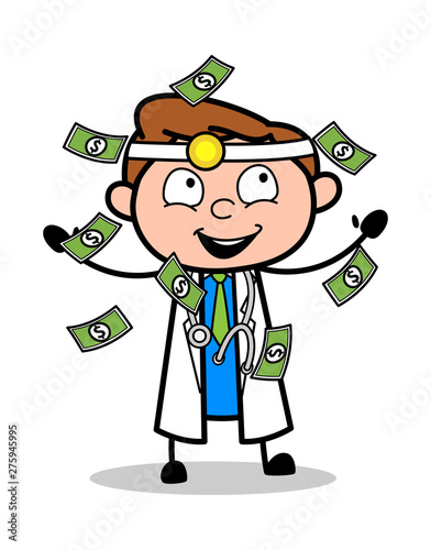 Trying to Catch Floating Money - Professional Cartoon Doctor Vector Illustration