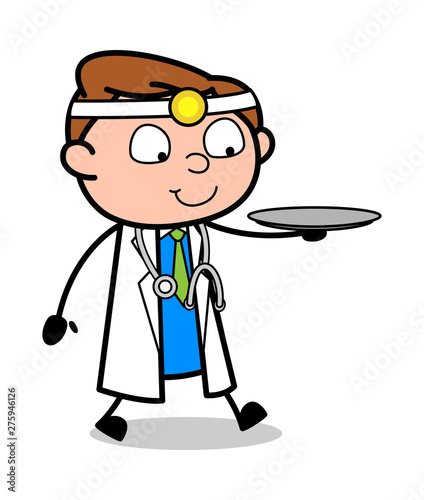 Holding a Plate and Playing with It - Professional Cartoon Doctor Vector Illustration