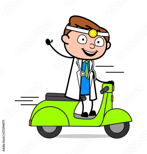 Waving Hand While Running Scooter - Professional Cartoon Doctor Vector Illustration photo