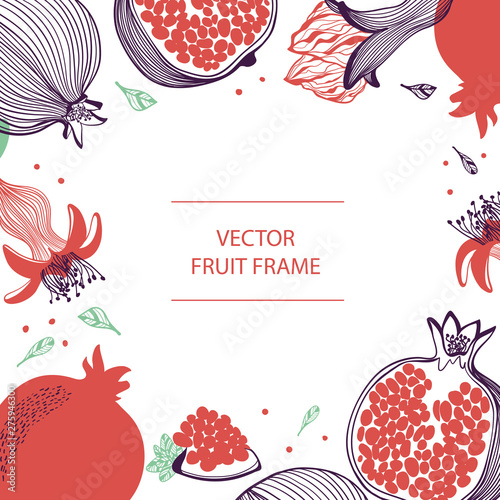 Rosh hashana card - Jewish New Year. Fruit pomegranate text frame hand drawn flat template. Vector design with botanical illustration of pomegranates. For business, posters, web and print