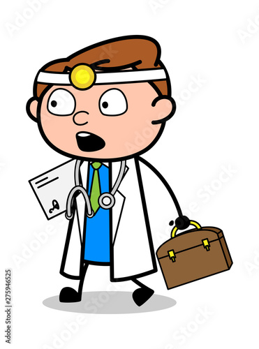 Holding Letter and Briefcase and Watching Surprisingly - Professional Cartoon Doctor Vector Illustration