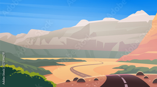 Vector flat landscape illustration of wild west desert & mountain canyon nature view with clean blue sky sky. For travel banner, card, vacation touristic advertising, brochure, flayer, web background.