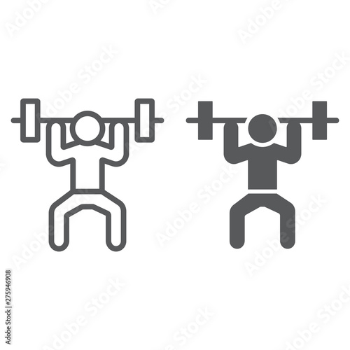 Weightlifter line and glyph icon, sport and bodybuilding, weightlifting sign, vector graphics, a linear pattern on a white background.