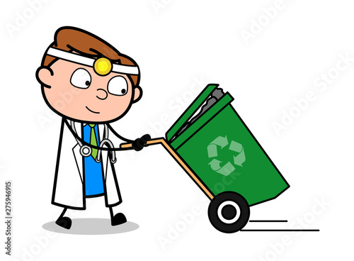 Dragging a Recycle Bin - Professional Cartoon Doctor Vector Illustration
