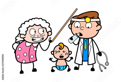 Doctor Drinking Baby's Milk and Baby Crying and Grandma Getting Irritate - Professional Cartoon Doctor Vector Illustration