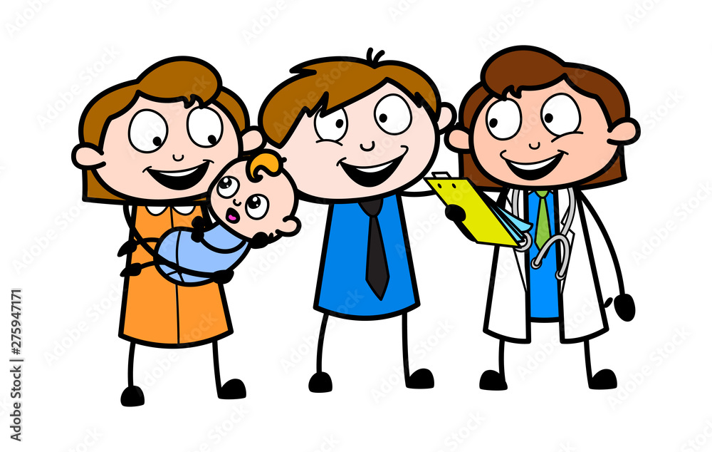 Happy Parents After See Their Baby's Positive Medical Result - Professional Cartoon Doctor Vector Illustration Happy Parents After See Their Baby's Positive Medical Result - Professional Cartoon Doctor Vector Illustration