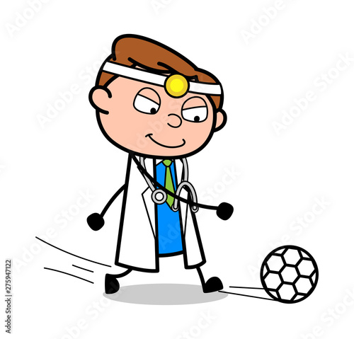 Playing Football - Professional Cartoon Doctor Vector Illustration