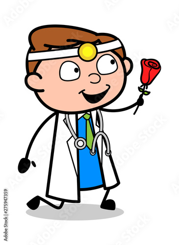 Presenting Rose While Proposing - Professional Cartoon Doctor Vector Illustration