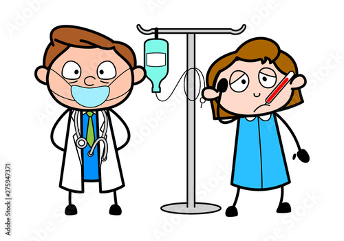 Doctor with Patient and IV Bottle - Professional Cartoon Doctor Vector Illustration
