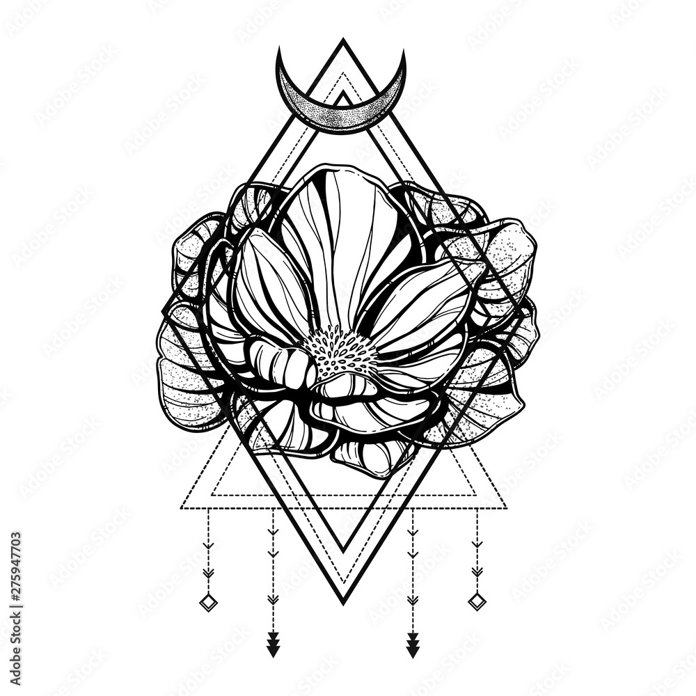 Rose flower with sacred geometry frame.Tattoo, mystic symbol. Boho print,  poster, t-shirt. textiles. Vector illustration art. Vintage engraving.  Vintage style. Traditional art tattoos. Blackwork. Stock Vector | Adobe  Stock
