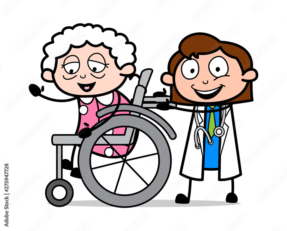 Strolling with Old Lady on Wheel Chair - Professional Cartoon Doctor Vector Illustration Strolling with Old Lady on Wheel Chair - Professional Cartoon Doctor Vector Illustration