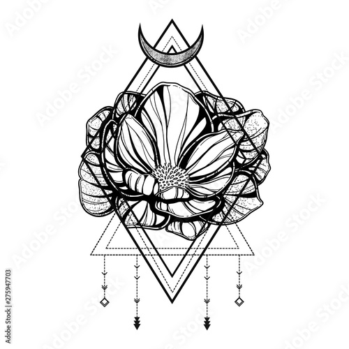 Rose flower with sacred geometry frame.Tattoo, mystic symbol. Boho print, poster, t-shirt. textiles. Vector illustration art. Vintage engraving. Vintage style. Traditional art tattoos. Blackwork.