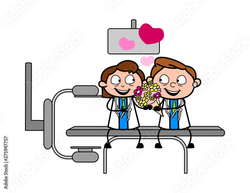Romantic Doctor Presenting for Bouquet to a Female Doctor - Professional Cartoon Doctor Vector Illustration