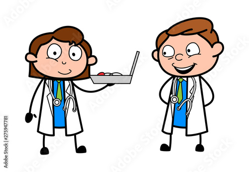 Female Doctor Presenting Medical Equipment to the Doctor for Treatment - Professional Cartoon Doctor Vector Illustration
