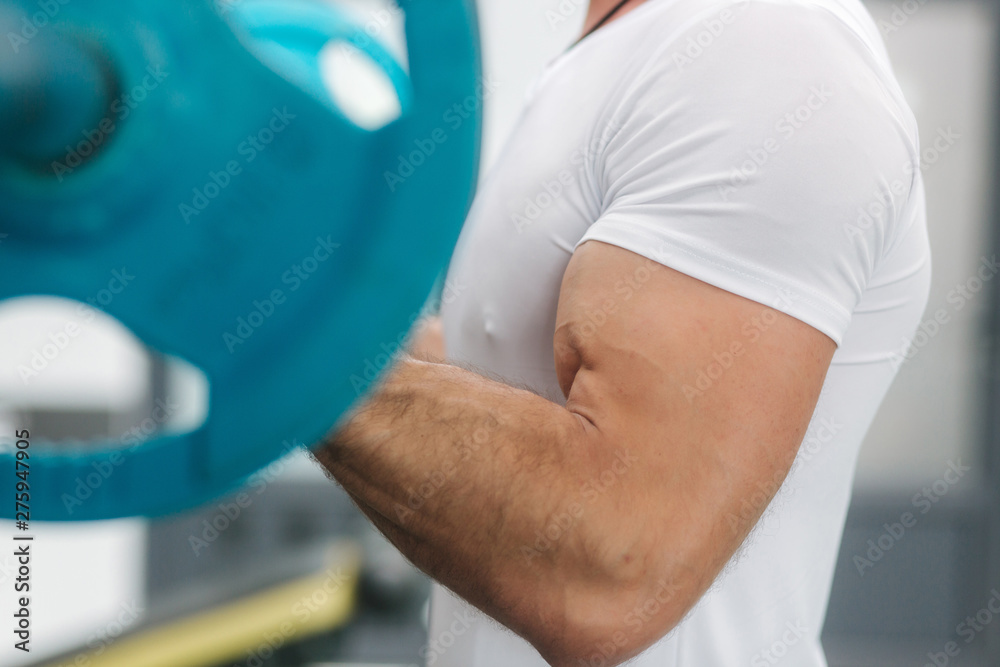A young athlete trains in the gym. Trians biceps muscules A young athlete trains in the gym. Trians biceps muscules