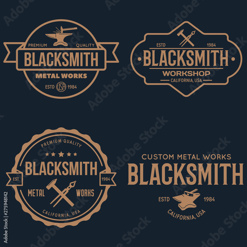 Blacksmith labels set. Design elements for metalworks service emblems, badges, logos. Monochrome seal collection.