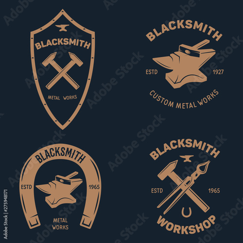 Blacksmith labels set. Design elements for metalworks service emblems, badges, logos. Monochrome seal collection.