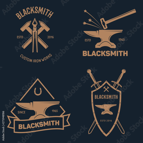 Blacksmith labels set. Design elements for metalworks service emblems, badges, logos. Monochrome seal collection. photo