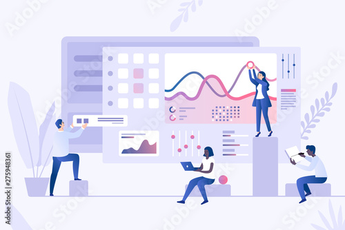 Data analysis concept vector template. Infographics, statistics, data visualization 3d concept. People analyzing charts and graphs, market research, web analytics.