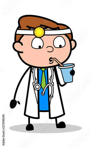 Drinking Juice - Professional Cartoon Doctor Vector Illustration