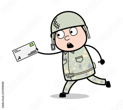 Running with Envelope - Cute Army Man Cartoon Soldier Vector Illustration