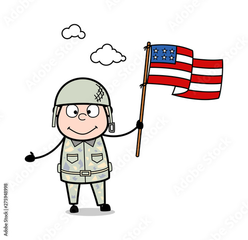 Holding USA Flag - Cute Army Man Cartoon Soldier Vector Illustration