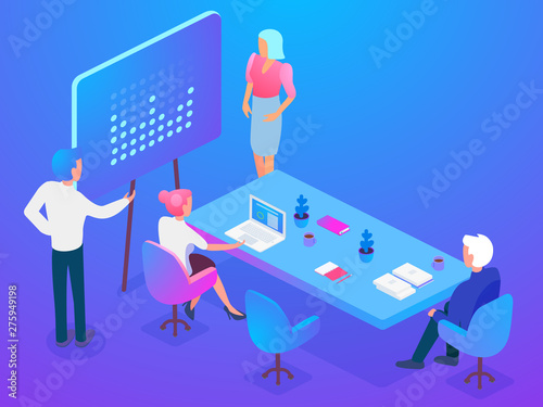 Isometric coworkers attending business presentation while working on project in office together.