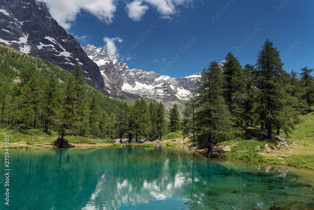 Blue lakake in Alps near Breuil Cervinia, Italy.