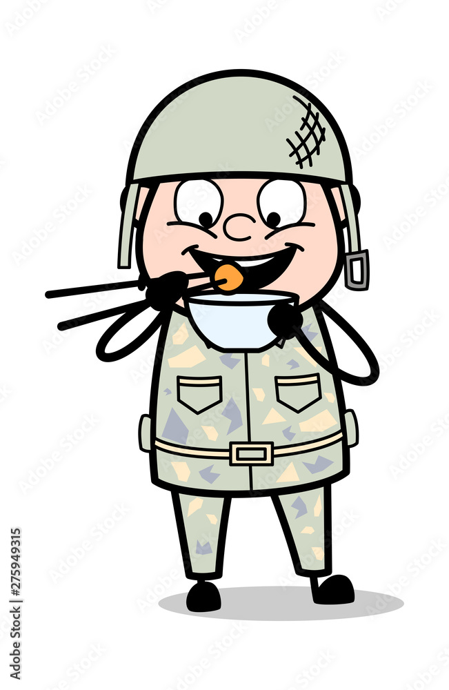 Eating Chinese Food - Cute Army Man Cartoon Soldier Vector Illustration