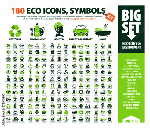 big vector set of Eco icons, huge pack of ecology & environment themes: alternative renewable energy sources, global warming, climate change, recycling, air pollution, plastic waste, greenhouse effect