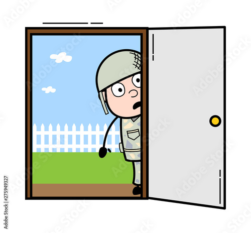 Shocked After See Inside - Cute Army Man Cartoon Soldier Vector Illustration