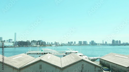 Railway car window. Travel near the coast photo