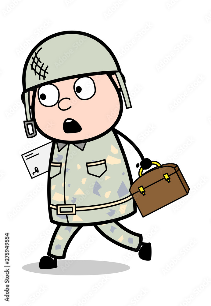 Running with Letter and Briefcase - Cute Army Man Cartoon Soldier Vector Illustration Running with Letter and Briefcase - Cute Army Man Cartoon Soldier Vector Illustration