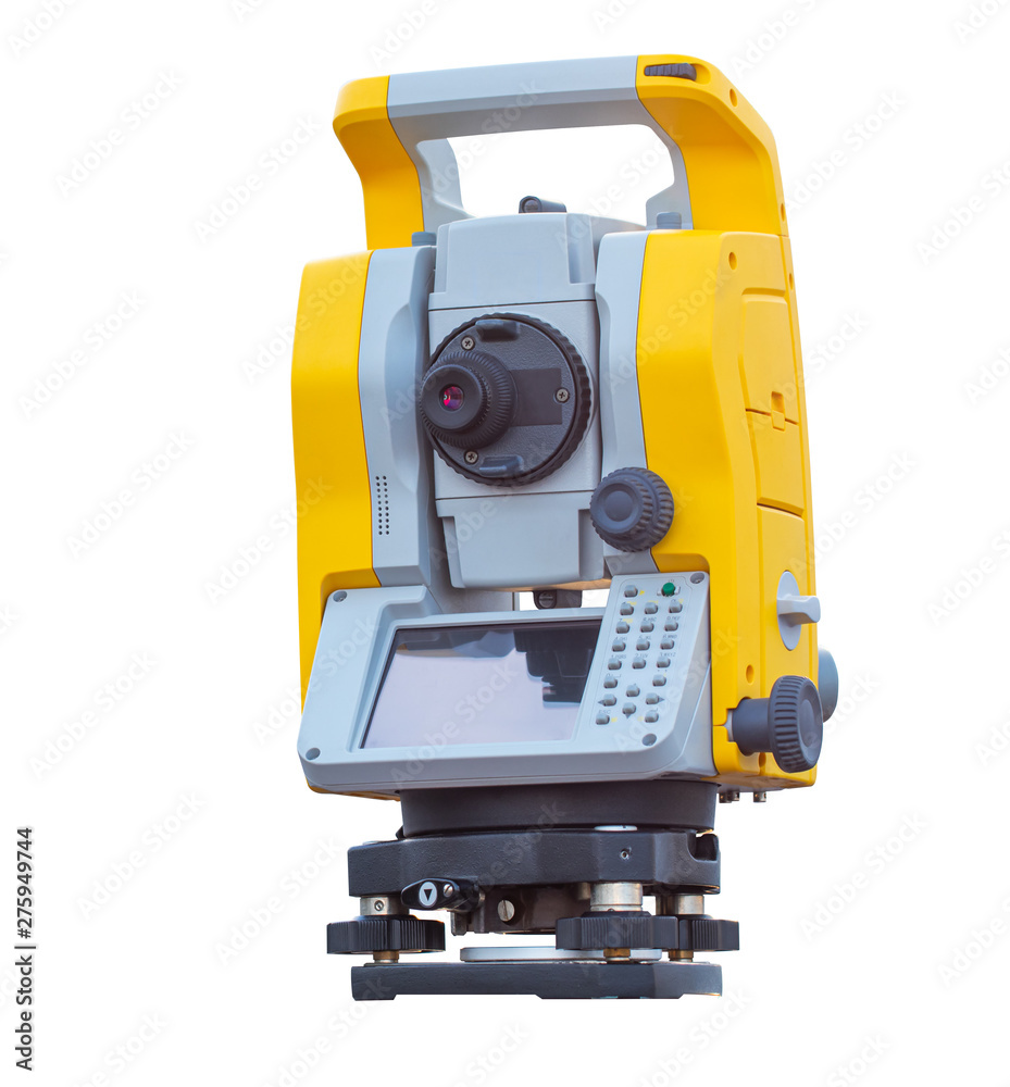 Theodolite on a white background, measuring the coordinates and level values on the Earth's surface Theodolite on a white background, measuring the coordinates and level values on the Earth's surface
