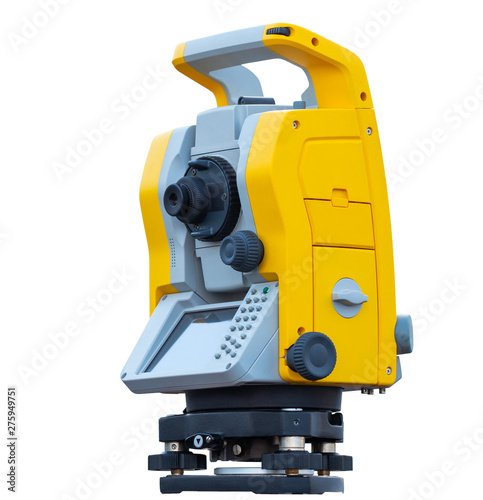 Theodolite on a white background  measuring the coordinates and level values       on the Earth s surface