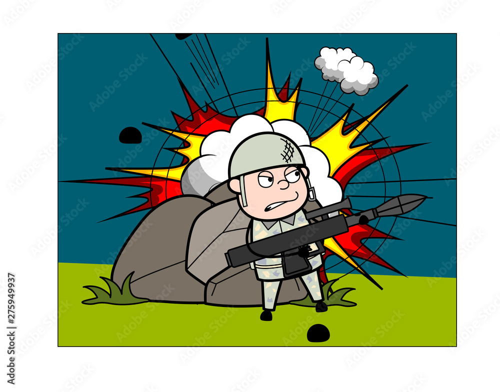 Fighting with Bazooka Gun - Cute Army Man Cartoon Soldier Vector  Illustration Stock Vector