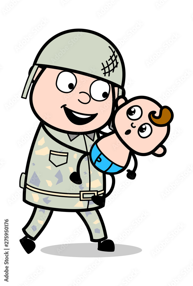 Holding a Baby and Playing - Cute Army Man Cartoon Soldier Vector Illustration