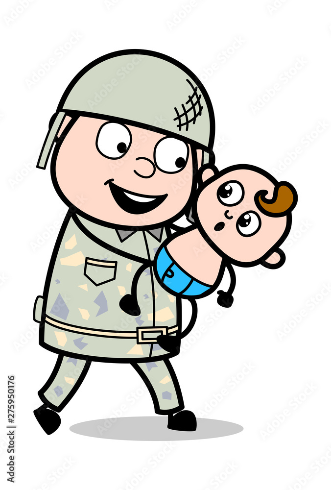 Holding a Baby and Playing - Cute Army Man Cartoon Soldier Vector Illustration Holding a Baby and Playing - Cute Army Man Cartoon Soldier Vector Illustration