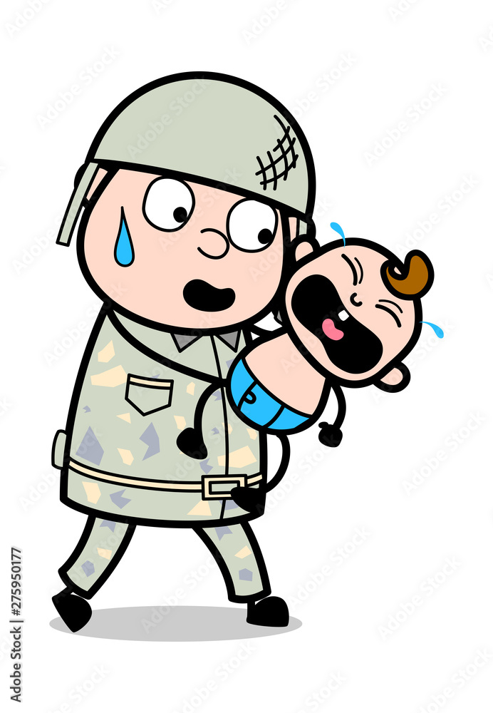 Holding a Crying Baby and Trying to Keep Shut - Cute Army Man Cartoon Soldier Vector Illustration