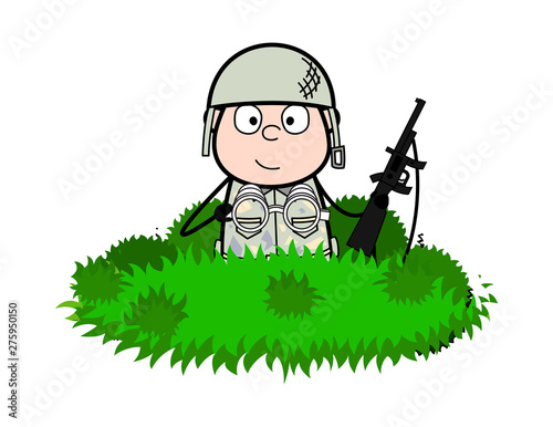 Hidden in Bushes - Cute Army Man Cartoon Soldier Vector Illustration