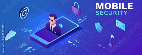 Smartphone security concept, data protection, cyber crime, 3d isometric vector illustration, fingerprint, phishing scam, information protection, Mobile safety