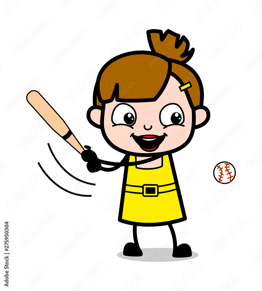 Playing Baseball Game - Cute Girl Cartoon Character Vector Illustration Playing Baseball Game - Cute Girl Cartoon Character Vector Illustration
